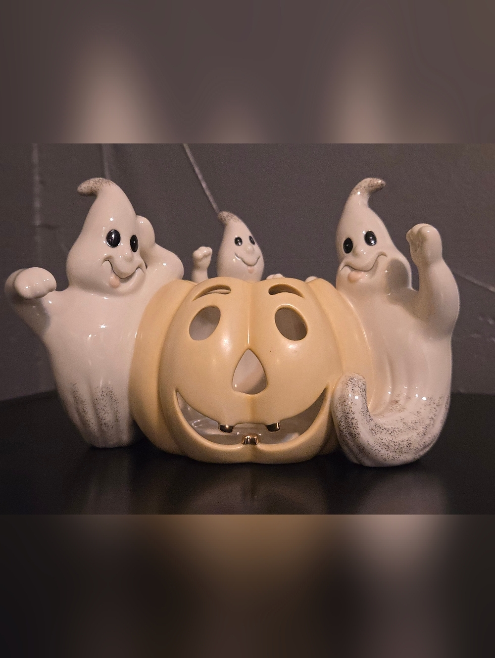 New Lenox Halloween Three Ghosts Jack-O-Lantern Pumpkin Tealight Candle Holder